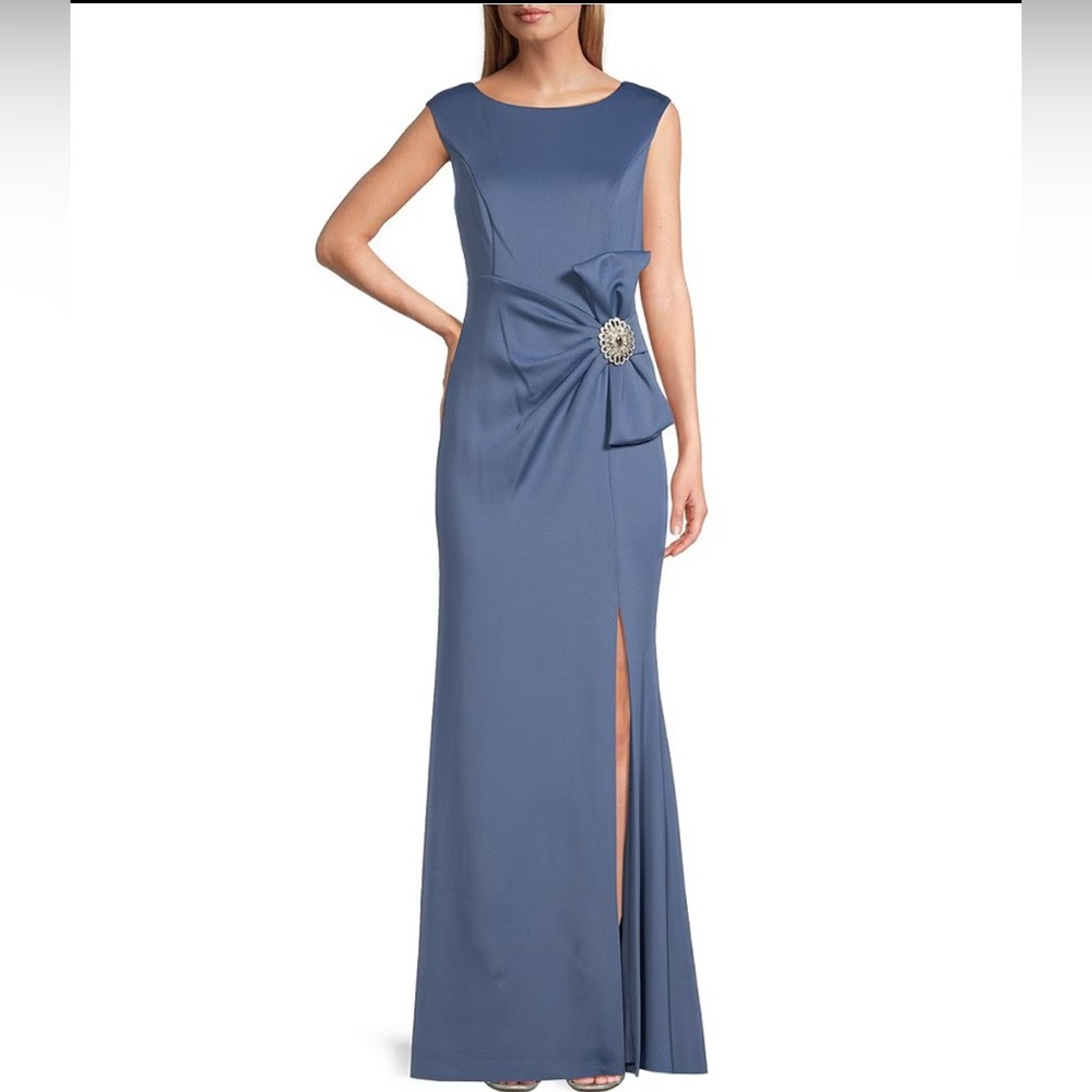 Boat Neck Cap Sleeve Embellished Gown